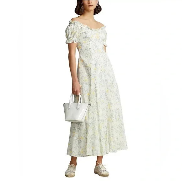 Polo Ralph Lauren Off The Shoulder Puff Sleeve Midi-Dress size 8 - Picture 3 of 6